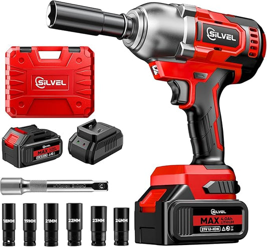 SILVEL Cordless Impact Wrench, MAX 650N.M Brushless Impact Gun 1/2 inch, 4.0Ah Battery, 6 Sockets, 3300RPM Impact Driver wih Fast Charger