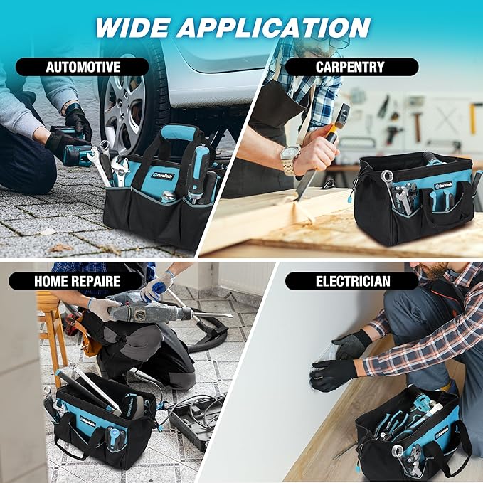 DURATECH 13-Inch Small Tool Bag with 9 Pockets, Tool Bags for Men Women, Toolbag with Thickened Fabric, Wide Open Mouth Tool Carrier for Mechanic Electrician Plumber HVAC