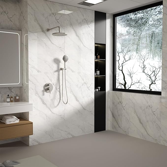 Brushed Nickel Shower Faucet Set, Wall Mount Rain Shower System 10 Inches Shower Head and Shower Handheld, Included Rough-in Valve and Trim Kit