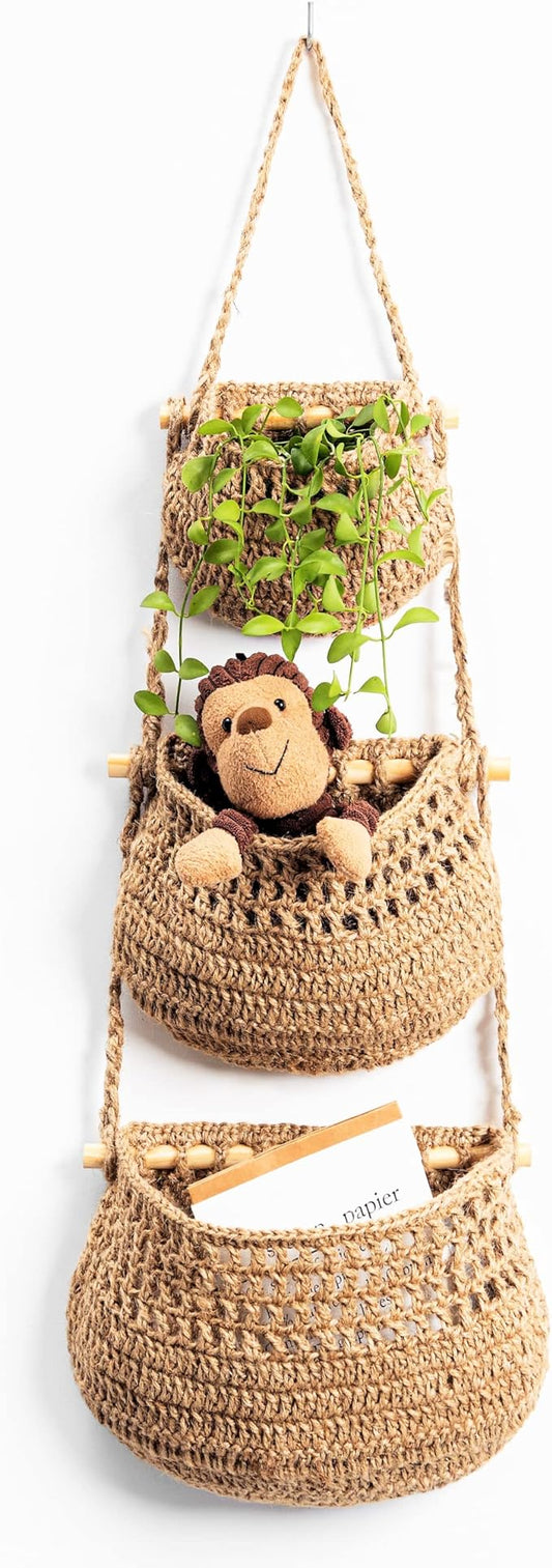 Hanging Fruit Basket, 3 Tier Woven Jute Wall Hanging Basket for Organizing, Hanging Produce Basket for Fruit & Vegetable Storage, Boho Kitchen Decor, Wall Basket Storage for Kitchen, Bedroom, Bathroom