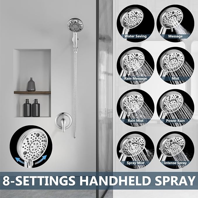 Aolemi Shower Faucet Set Rain Shower Head System Shower Trim Kit Pressure Rough-in Valve Included ABS 8 Setting Single Handheld Spray Polish Chrome
