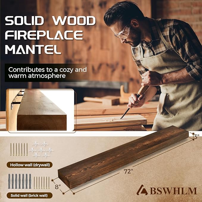 72x8x3 Fireplace Mantel - Solid Rustic Wood - Wall Mounted Floating Shelf with Invisible Heavy Duty Steel Bracket (Weathered Brown)