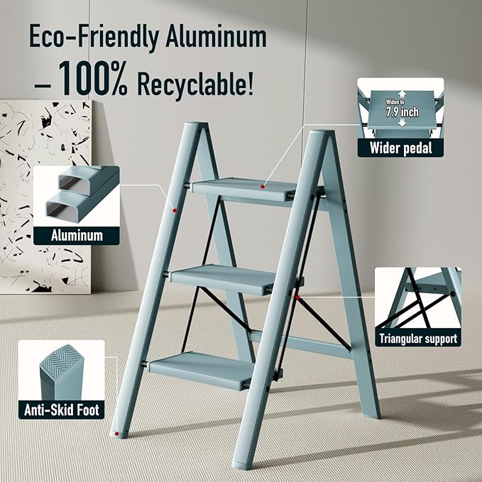 3 Step Ladder,Aluminum Folding Step Stool for Adults,Step Ladder with Wide Anti-Slip Pedal,330 lbs Capacity for Home,Office,Kitchen,Library(Blue)