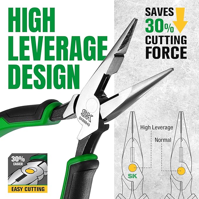 SK 8-Inch Long Nose Pliers, Needle Nose Pliers, Premium CR-V Steel Construction, Ergonomic Anti-slip Handle for Comfortable Grip