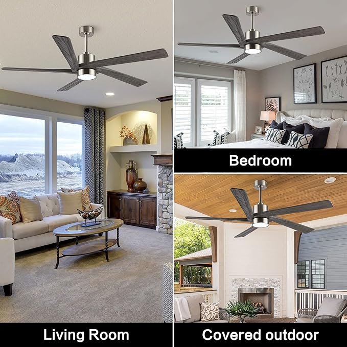 WINGBO 54 Inch DC Ceiling Fan with Lights and Remote Control, 5 Reversible Carved Wood Blades, 6-Speed Noiseless DC Motor, Modern Ceiling Fan in Brushed Nickel Finish with Gray Blades, ETL Listed