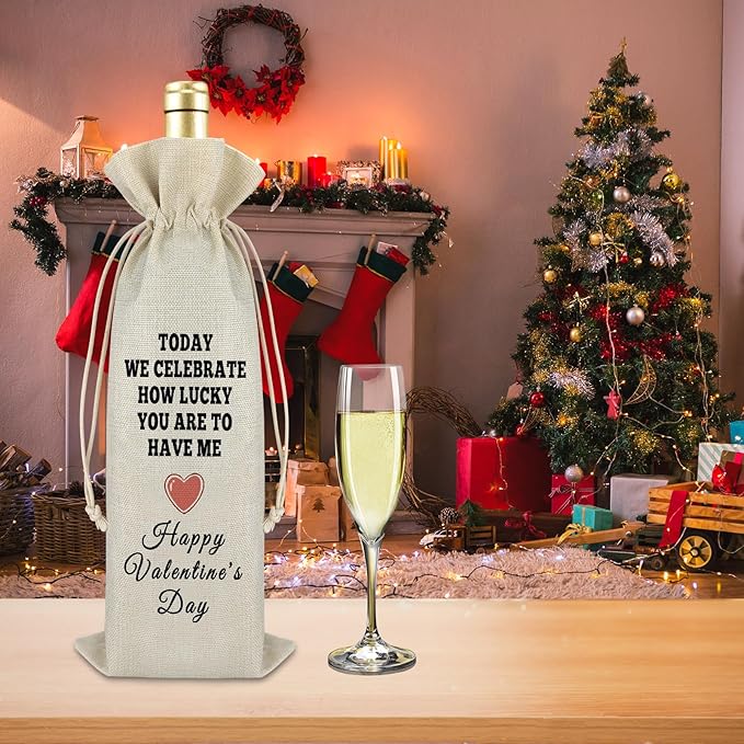 Gfhzdmf Valentine's Day Gift for Wife Husband Wine Bag Happy Valentine's Day Giift for Women Men Drawstring Wine Wrap Bag Proposal Anniversary Wedding Gift Reusable Burlap Wine Bottle Cover