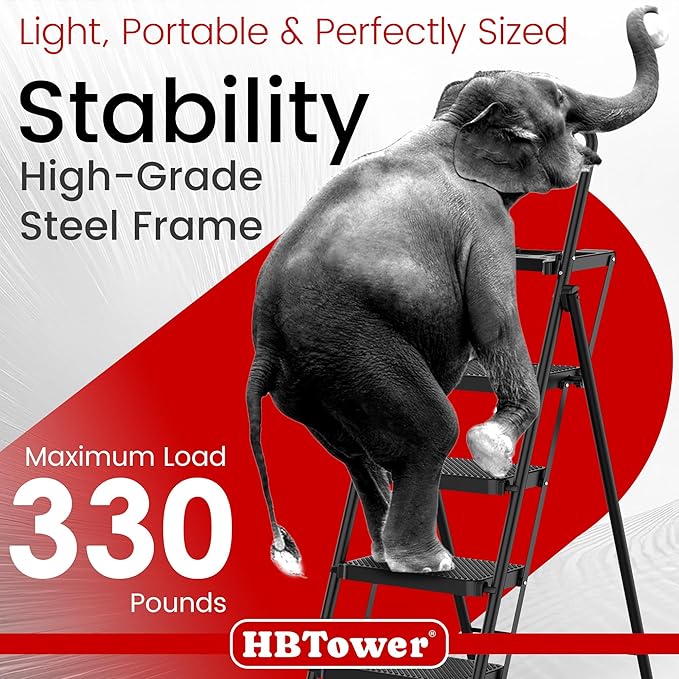HBTower Step Ladder, Folding Step Stool with Wide Anti-Slip Pedal, Sturdy Steel Ladder, Convenient Handrail, Lightweight, Portable Steel Step Stool