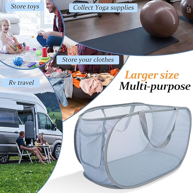 Extra Large Mesh Pop Up Laundry Hamper 2 Pack, 100L Foldable Laundry Baskets, Dirty Clothes Hamper with Pocket, Collapsible Hampers for Travel, Nursery, Dorm or Home. Grey 2H