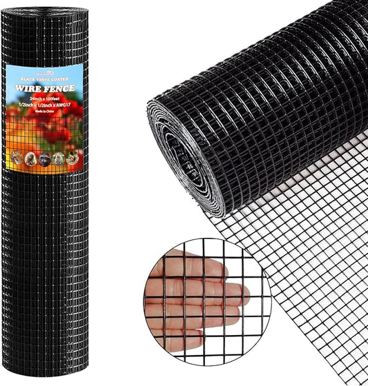 Thinkahead Black Hardware Cloth 1/2 inch 24 X 100 ft 19 Gauge Vinyl PVC Coated Wire Mesh Roll Galvanized Welding Chicken Wire Fencing, Garden Fence, Rabbit Wire, Home Improvement Project.