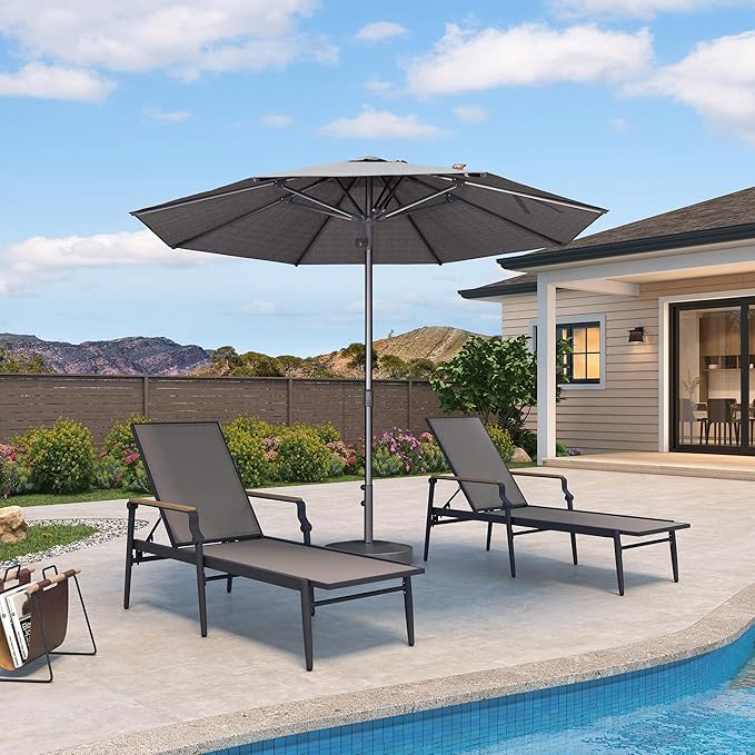 PURPLE LEAF 10 FT Semi-Auto Outdoor Patio Umbrella Market Table Sun Umbrellas with 8 Aluminum Sturdy Ribs for Backyard Deck Garden Pool (Gray Pole Gray Canopy)