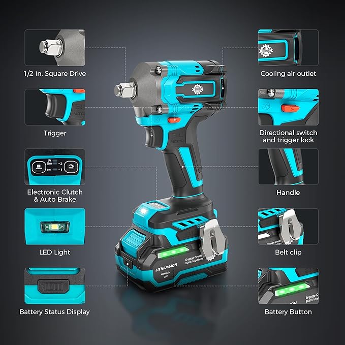 1/2" Cordless Impact Wrench with Brake, Brushless MAX 465Ft-lbs (630N.m) Impact Gun with 20V 4.0Ah Battery and Fast Charger, 2+1 Speed Mode, 2500RPM Power Electric Impact Wrench with LED Light for Car