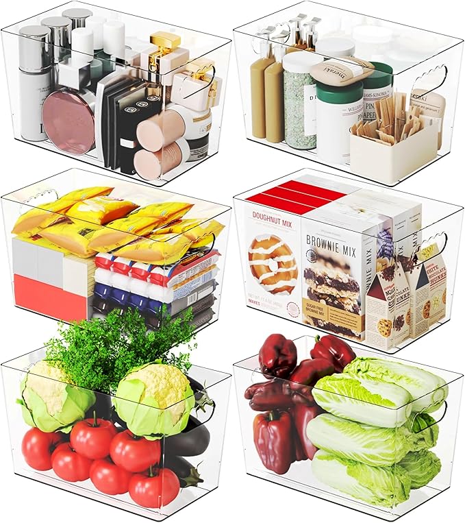 6 Pack Plastic Clear Bins for Organizing- With Handle -11″ Large Pantry Organizer Bins for Shelves Snack,Food or Cleaning Supplies,Fridge Organizers and Storage,Acrylic Kitchen Storage Containers