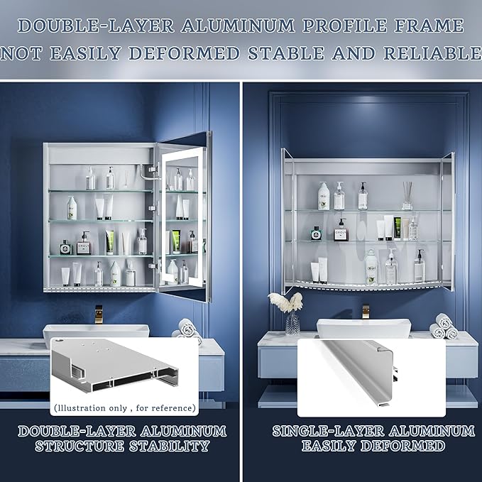 ExBrite LED Lighted Bathroom Medicine Cabinet with Mirror, 24 x 30 Inch, Recessed or Surface Mount, Anti-Fog, Stepless Dimming, Color Temperature Adjustment, 2 Outlets, Storage Shelves, Right Hinge