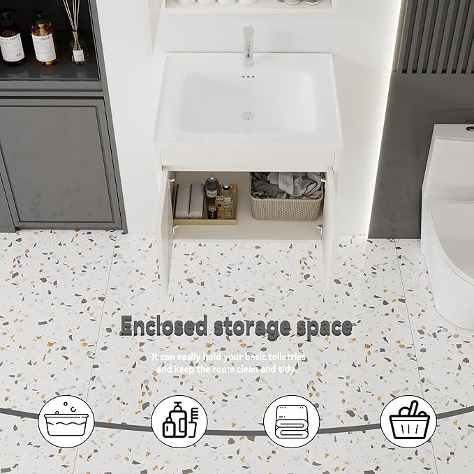 24'' Bathroom Vanity with Ceramic Sink Combo, Wall Mounted Small Bathroom Vanity with Soft-Close Door Modern Floating Cabinet, Pop-up Drain, P-Trap Included, Khaki(No Faucet)