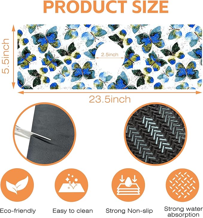 Kitchen Faucet Mat Colorful Butterfly Animals Kitchen Sink Splash Guard Faucet Mat,1 PC Splash Guard Behind Faucet Drip Catcher for Kitchen,Dish Drying Mat,Bathroom Faucet Mat 15.5""X5.5""