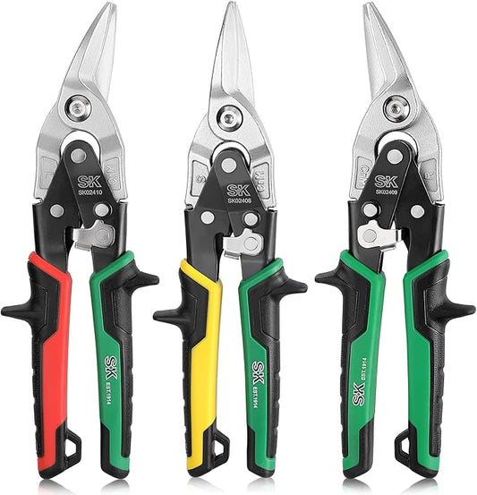SK Aviation Tin Snips Set, Left, Right and Straight Cut, Cr-Mo Steel Blade, Anti-slip Handle and Safety Latch, for Cutting Sheet Metal