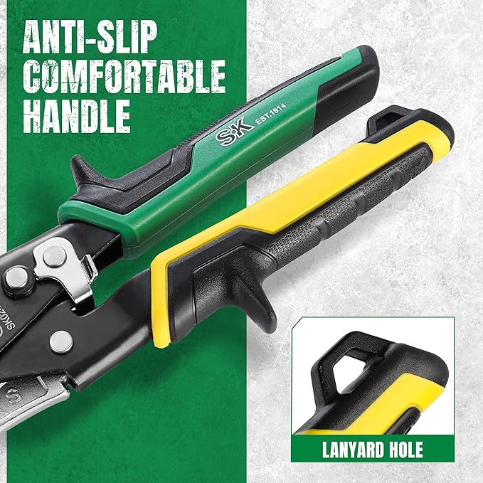 SK 10 Inch Aviation Tin Snips, Straight Cut, Cr-Mo Steel Blade, Anti-slip Handle and Safety Latch, for Cutting Sheet Metal