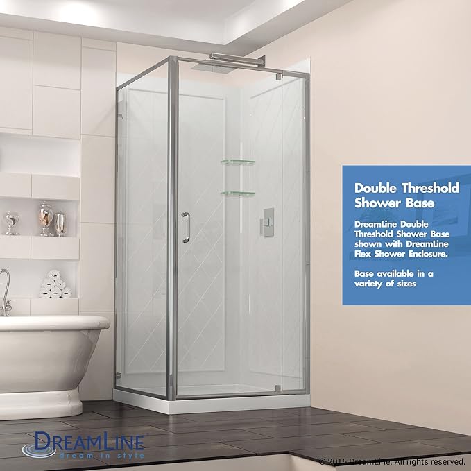 DreamLine SlimLine 36 in. D x 36 in. W x 2 3/4 in. H Corner Drain Double Threshold Shower Base in Black, DLT-1036360-88