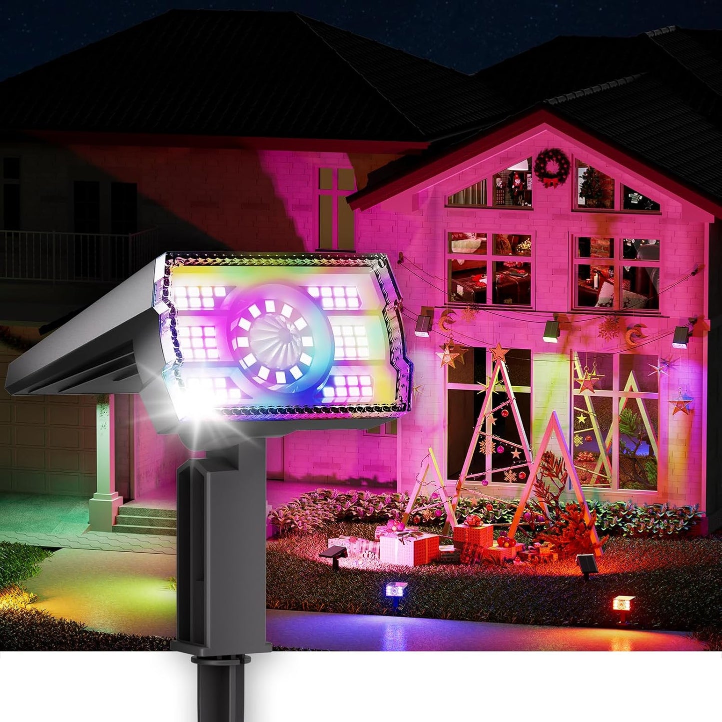 Solar Spot Lights Outdoor 2-Pack Multicolor IP65 Waterproof RGB - 6 Colors, 2 Modes, 105° Adjustable 58 LED Flood Lights, Solar Powered Spotlights for Yard, Garden, House & Landscape Lighting Outside