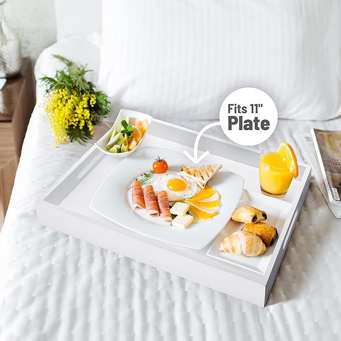 Wood Serving Tray with Handles, Home Decorative Wooden Rectangle Ottoman Decor Platter Vanity Tray for Breakfast Dinner Drinks Kitchen Dining Living Bathroom Restaurants White