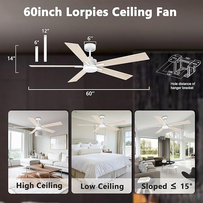 60” Smart Ceiling Fan with Lights Remote,Control via Alexa Google Voice App Wifi,Silent DC Motor,Dimmable,Outdoor Indoor Modern Ceiling Fans for Large Bedroom Patio Porch,White and Wood