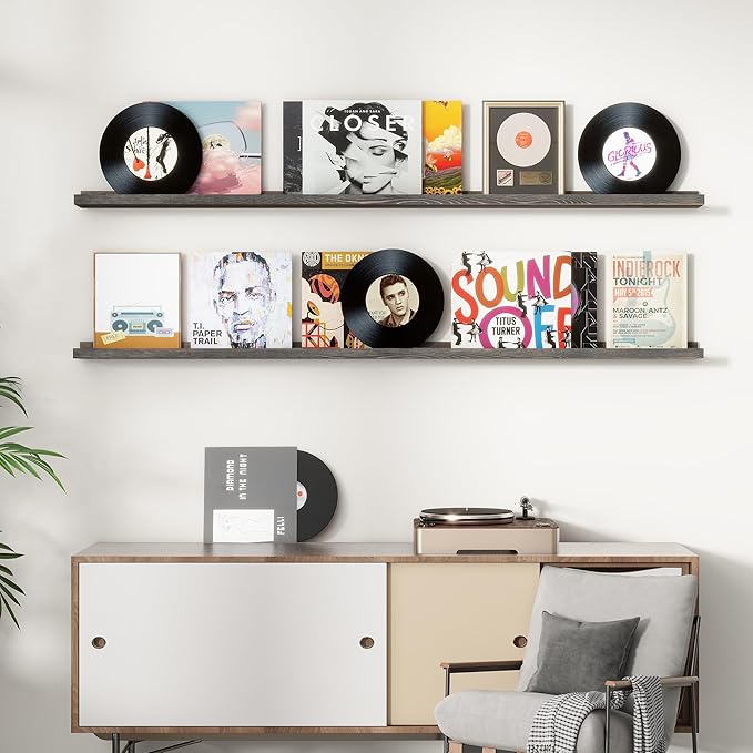 Picture Ledge Shelf, Floating Shelves Set of 2, Solid Pine Wood 72'' Long Large Nursery Book Shelves for Toys Storage, Kids Bookshelf for Living Room Bedroom Decor Books Photo Frames, Grey