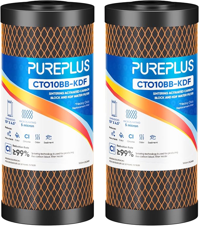 PUREPLUS 5 Micron 10" x 4.5" Whole House Coconut Shell Activated Carbon and KDF Water Filter, Heavy Metal Removal Replacement Water Filter, CTO10BB-KDF, 2 PACK