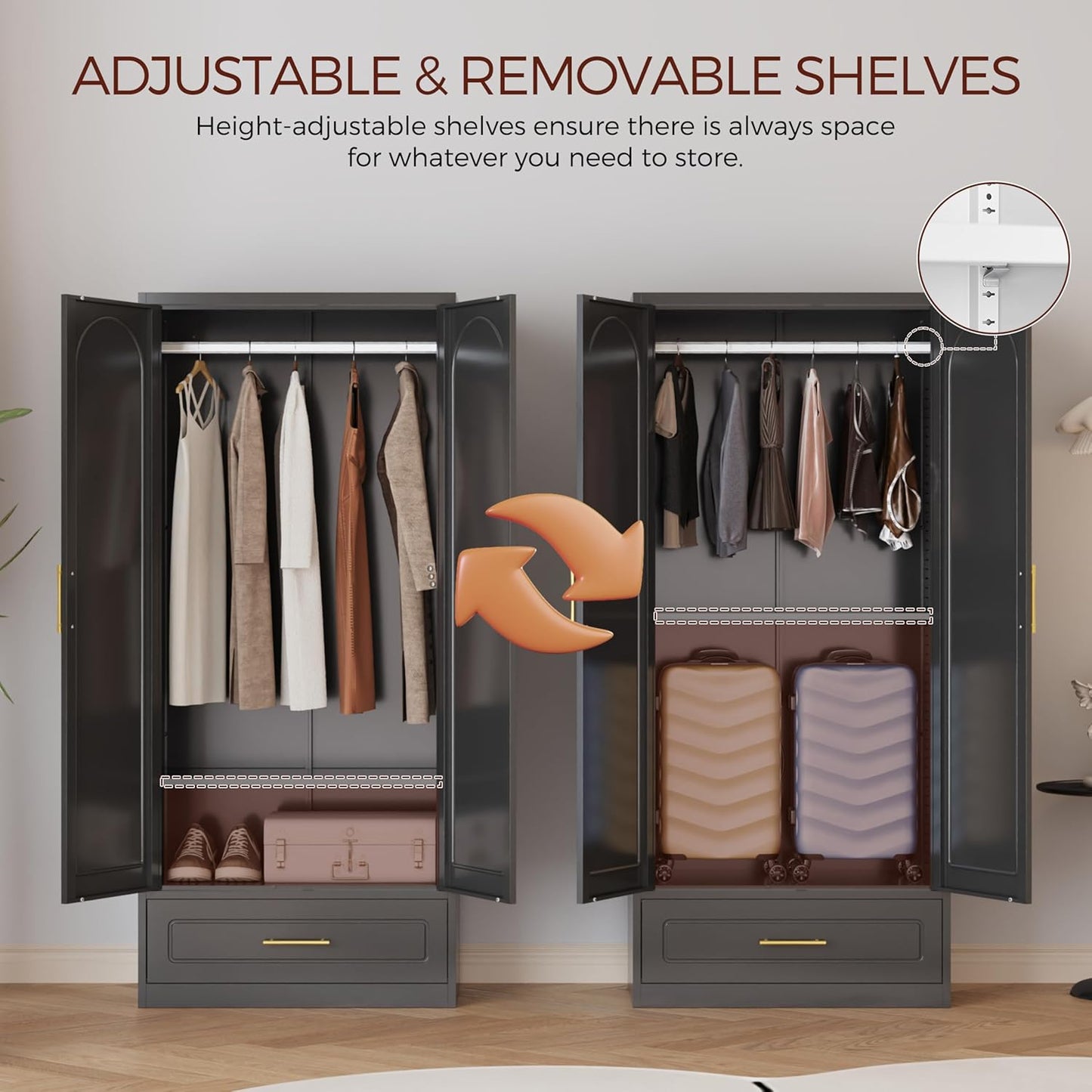 71" Metal Armoire Wardrobe Closet with 2 Doors and Drawer, Tall Wardrobe Cabinet with Hanging Rod and Adjustable Shelves, Black Clothing Storage Cabinets for Bedroom, Home Office