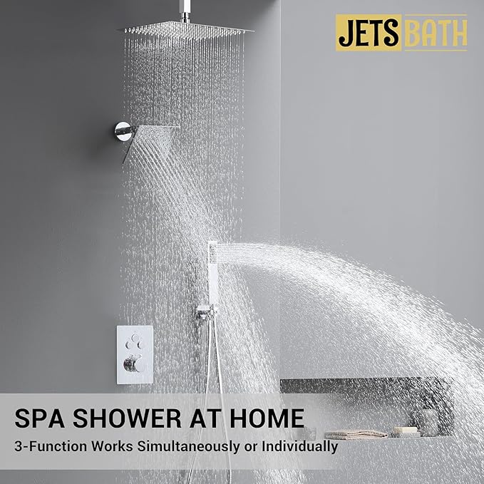 Thermostatic Dual Shower Heads System with Ceiling 12-Inch Rainfall Shower & Wall Mount 6-Inch High Pressure Shower Head, Bathroom Chrome Shower Faucet Set with Handheld Sprayer