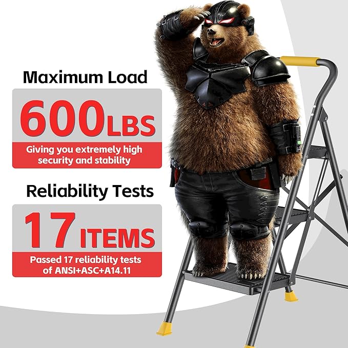 Step Ladder Foldable Folding Stool - for Home Adults Kitchen 3 Stepping Extension Tall Heavy Duty with Handrails - Closet Stepstool Stair Ladders Extendable Stepladder for Indoor House 600Lbs