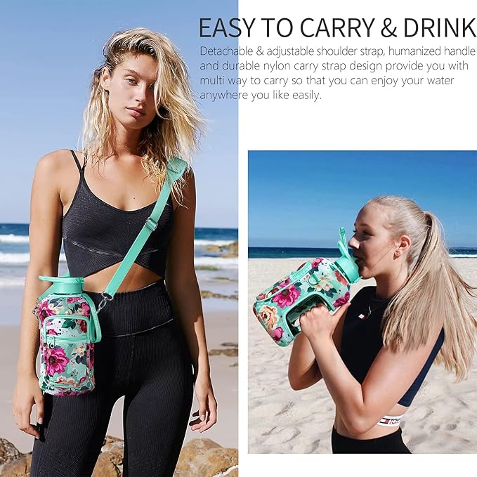 Fimibuke Half Gallon Water Bottle with Sleeve 64 OZ Water Bottle with Handle & Straw Leakproof Motivational Sports Gym Water Bottle with Time Marker BPA Free Water Jug with Reusable Neoprene Holder