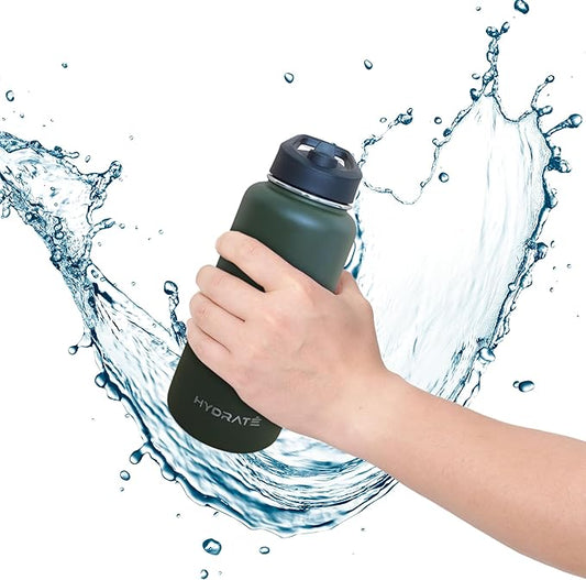 HYDRATE Insulated Stainless Steel Water Bottle - Large Reusable Flask with Leak-Proof Design and Convenient Handle - Double Vacuum Insulation for School, Work, or Adventure