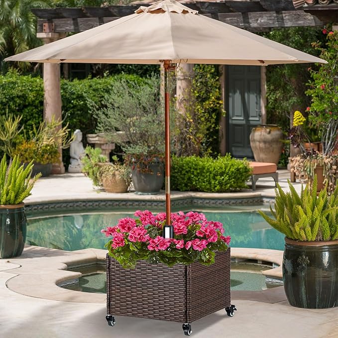 LEWIS&WAYNE Outdoor Umbrella Base with Fillable Planter Box Heavy Duty Patio Umbrella Stand with 4 Wheels Rolling Umbrella Holder for Outdoor Patio Deck Garden