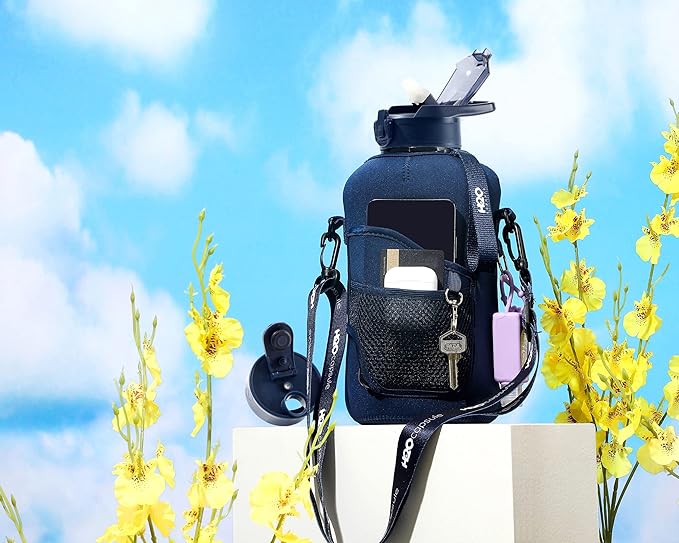 H2O Capsule 2.2L Half Gallon Water Bottle with Storage Sleeve and Removable Straw – BPA Free Large Reusable Drink Container with Handle - Big Sports Jug, 2.2 Liter (74 Ounce), Navy Blue