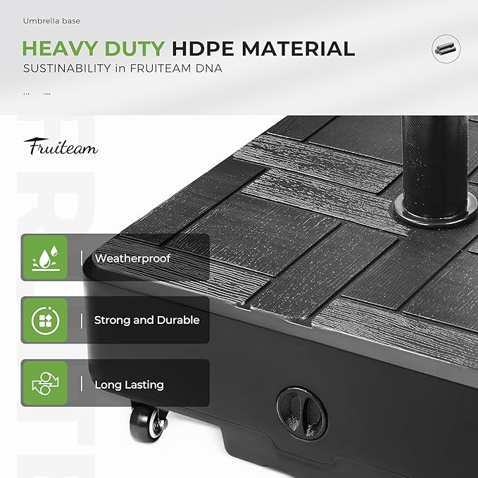 FRUITEAM 155lb Capacity Fillable Portable Umbrella Base with Wheels,Patio Umbrella Base Heavy Duty, Square Market Stand for Patio,Outdoor,Deck w/ 4 Wheels, 2 Locks, 1 Knobs, Wind-Resistant Design