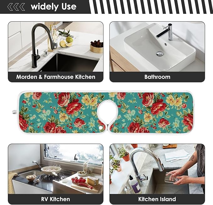 Kitchen Faucet Absorbent Mat,Rose Flower Floral Water Splash Guard for Sink, Faucet Drip Catcher Thicken Sponge Microfiber Faucet Water Catcher Mat Sink Absorbent Mat for Kitchen 23x5in 2 Pack