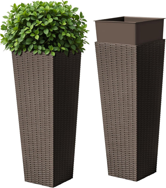 Devoko Resin Tall Planters for Outdoor Plants Set of 2, Large Taper Outdoor Planter Pots with 4 Drainage Holes, Flower Pots Modern Decor for Porch, Patio, Backyard, Home Garden (Brown, 32")