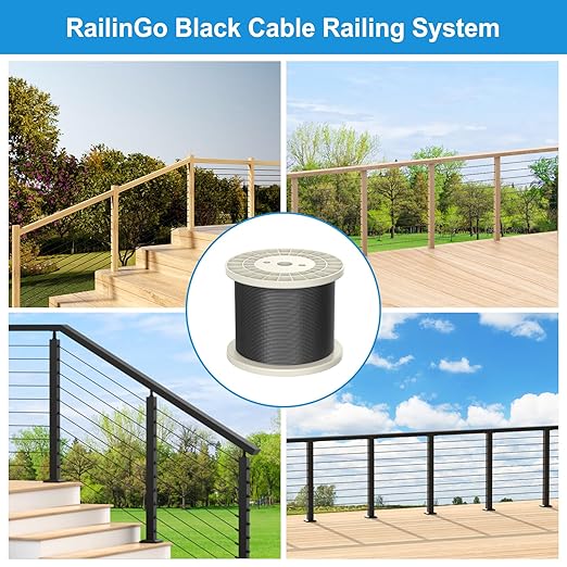 1000FT 1/8" Wire Rope with Cutter, 316 Stainless Steel Wire Cable for Deck Stair Railing, 7x7 Strands Marine Grade Aircraft Cable, 1850lbs Breaking Strength, Black Cable Railing Kits, RG10