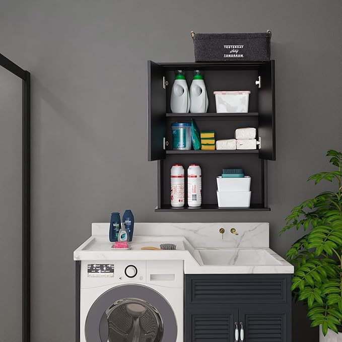 Black Bathroom Wall Cabinet 23x29 inch Wooden Bathroom Medicine Cabinet with 2 Doors and Adjustable Shelf, Wall Mounted Cabinet Over Toilet Storage Cabinet