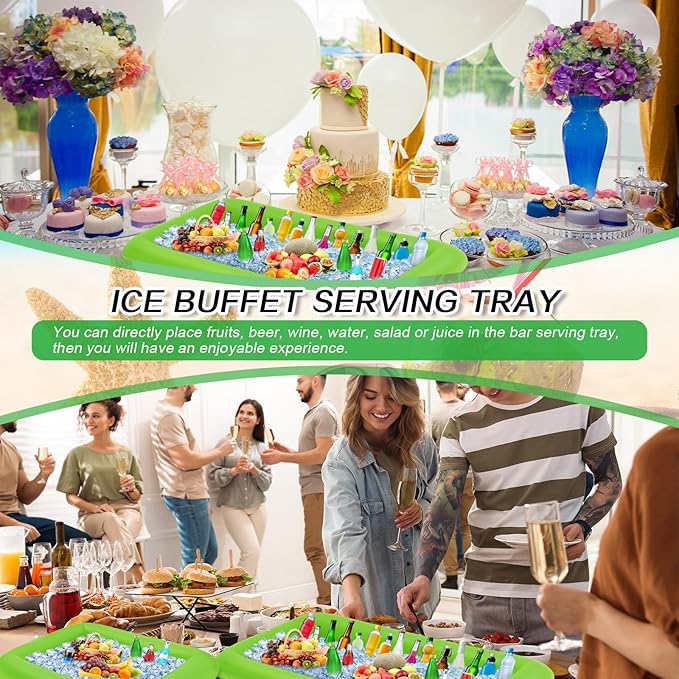 Leitee 4 Pcs Inflatable Ice Serving Bars Buffet Serving Tray Drink Cooler for Pool Party Inflatable Ice Tray Floating Food Drink Containers with Drain Plug and a Hand Pump, 2 Sizes (Green)