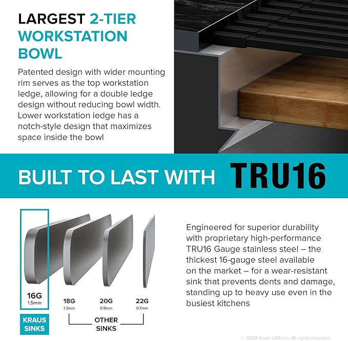 KRAUS Kore 57-inch Undermount Workstation 16 Gauge Single Bowl Stainless Steel Kitchen Sink with 10 Accessories, KWU210-57