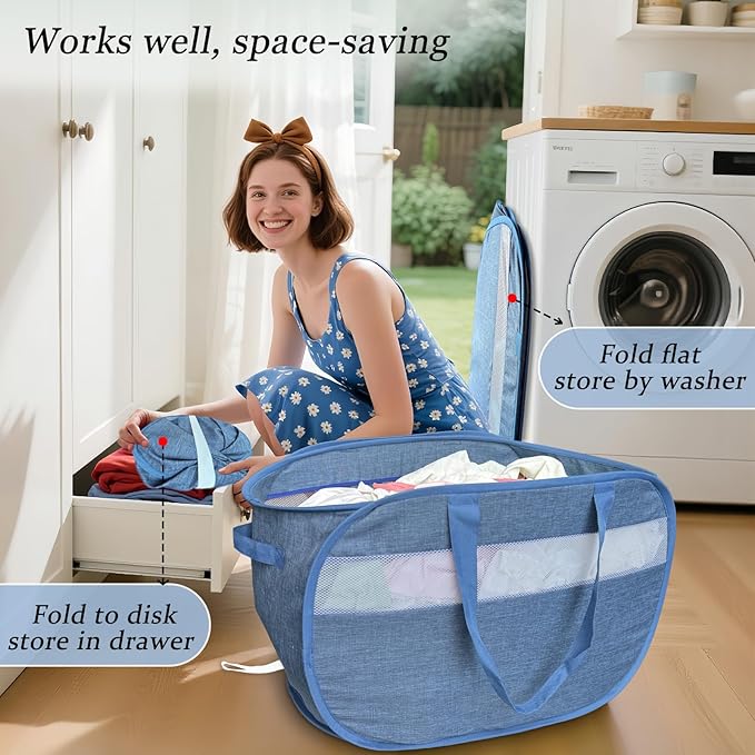 100L Mesh Pop Up Laundry Hampers with Handles, Extra Large Collapsible Laundry Baskets 2 Pack, Portable Travel Laundry Basket, Dirty Clothes Hamper Light Breathable, Bule. 2H