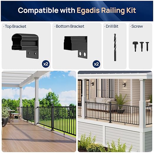 4 Pack Aluminum Fixed Railing Bracket Connector with Drill Bit, Deck Railing Bracket, Black Textured Powder-Coat Finish Railing System for Outdoor Decks, Porches & Balconies