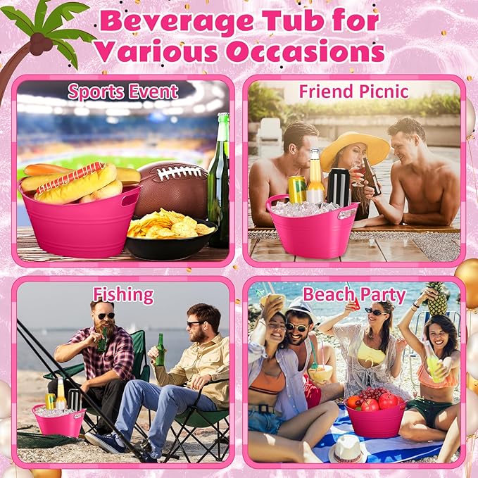 Norme 24 Pcs Oval Storage Tub with Handles, 4.5L Plastic Ice Bucket Wine Beer Champagne Bottle Drink Cooler Tub for Parties Beverage, Storage Basket (Rose Red)