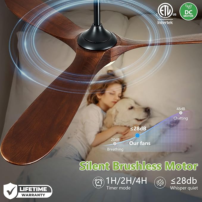 52 Inch Ceiling Fans with Lights and Remote Control, Outdoor Ceiling Fan with Light High cfm Solid Wood Modern Ceiling Fans Propeller DC Motor for Indoor Bedroom Living Room, Dark Walnut