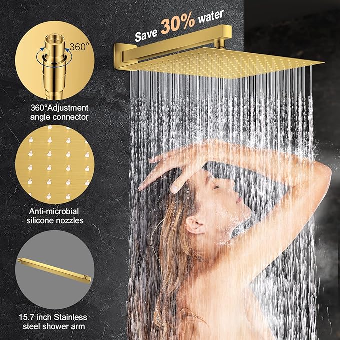 JOMEOO® 12 Inch Brushed Gold Shower System, Wall Mounted High Pressure Rain Shower Head with Handheld Sprayer, Bathroom Luxury Gold Shower Head Shower Faucet Set Rough in Valve Body and Trim