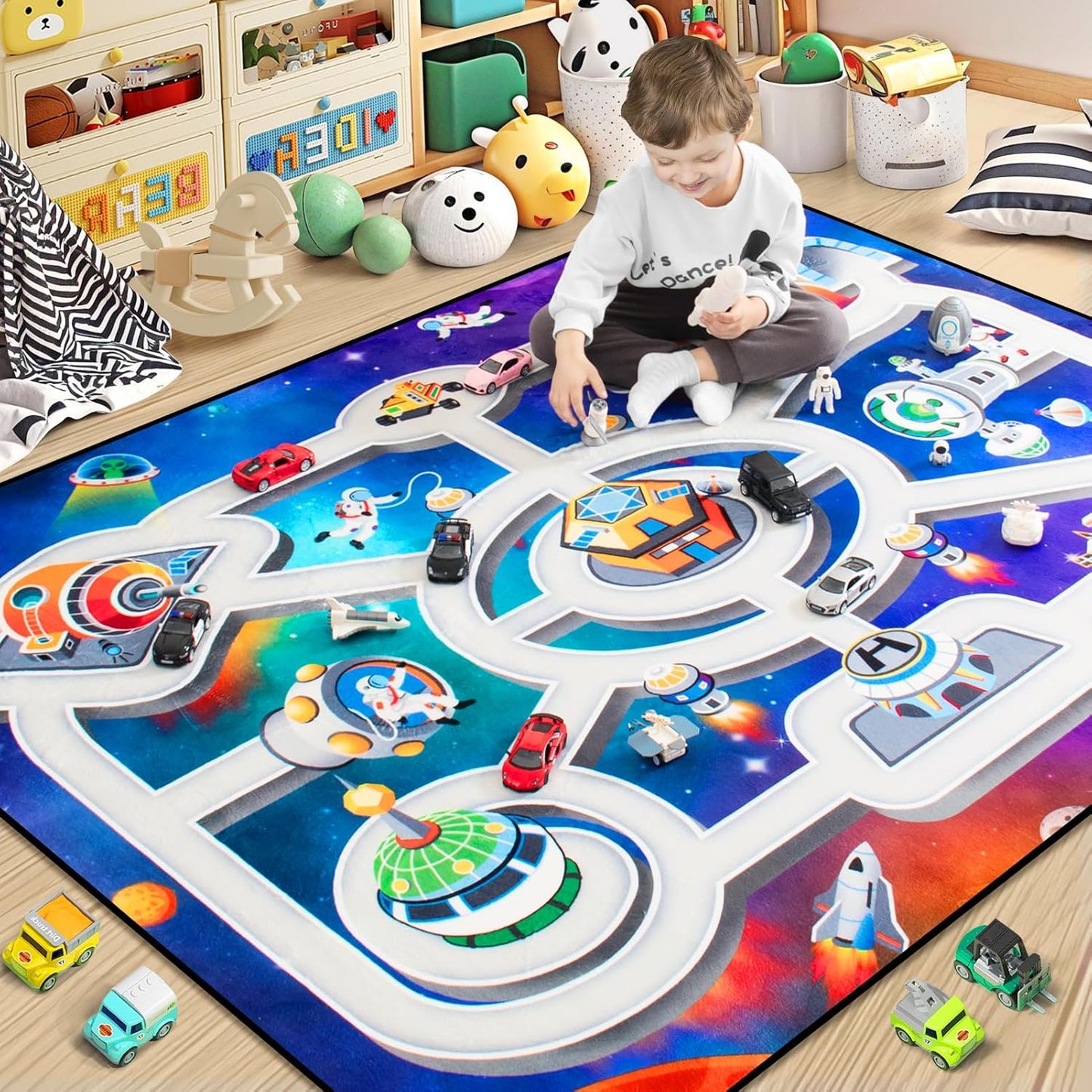 Kids Rug, Space Themed Baby Play Mat, 4x6 Ft Playroom Rug, Colorful Cartoon Outer Space, Planet, Rocket, Spaceship Road Carpet for Playroom, Educational Learning Carpet for Kids Mat