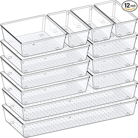 Criusia Drawer Organizer, 12 Pack Clear Plastic Kitchen Drawer Organizers Set,4-Size Versatile Bathroom and Vanity Organizer Trays,Storage Bins for Makeup, Bathroom, Jewelries and Office