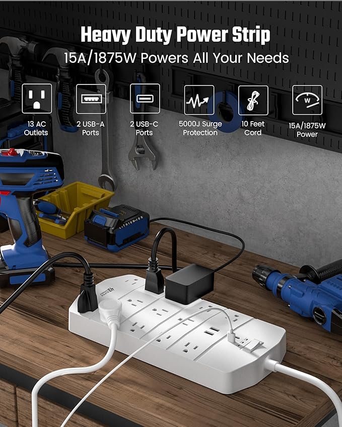 Power Strip,SUPERDANNY 5000 Joules Surge Protector with 13 AC Outlets 2 USB-A & 2 USB-C PD 20W Fast Charging Heavy Duty 14AWG/3C Industrial Grade 10ft Extension Cord for Workbench Home Office White
