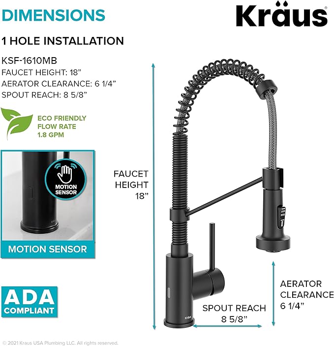 KRAUS Bolden Touchless Sensor Commercial Style 2-Function Single Handle Pull-Down Kitchen Faucet in Matte Black, KSF-1610MB